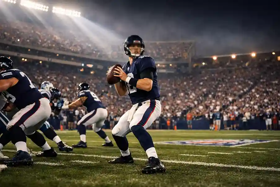NFL Sportwetten Deutschland – Spieler auf dem Football-Feld unter Flutlicht