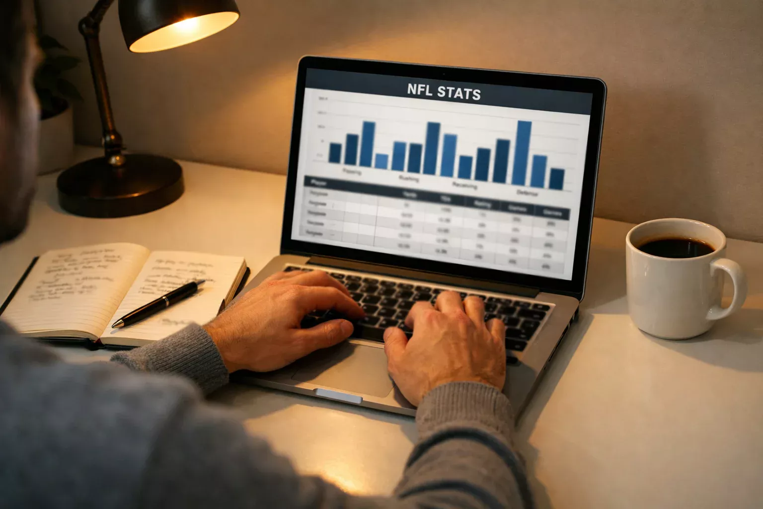 NFL-Wettstrategie – Person analysiert Statistiken und Wettdaten auf einem Notebook