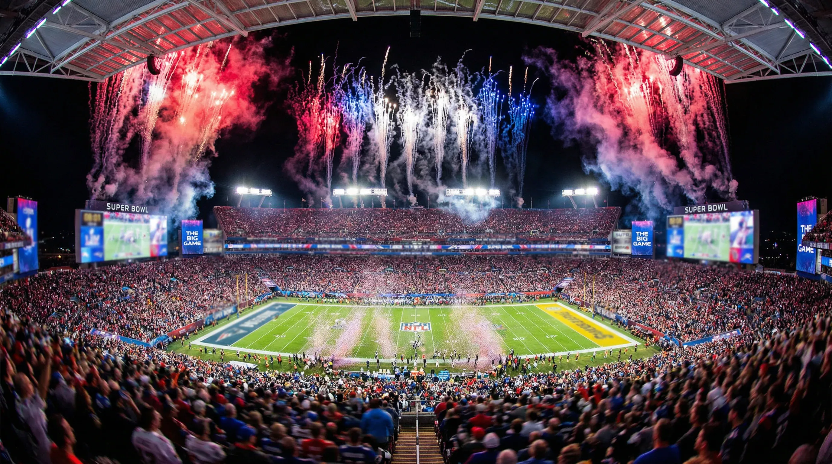 Super Bowl Stadion bei Nacht mit Feuerwerk – das größte NFL-Wettereignis des Jahres
